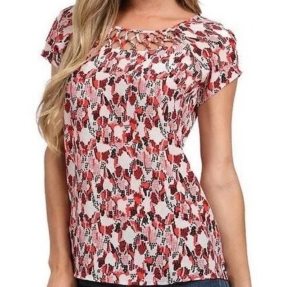 Joie Poppy Bartlett Silk Blouse Top Shirt Size Medium Red White Black